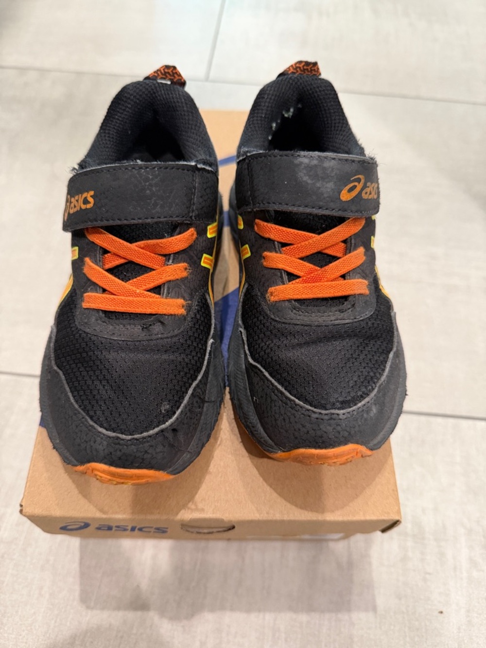 Asics Kids Black and Orange Sneaker with Hook-and-Loop Strap